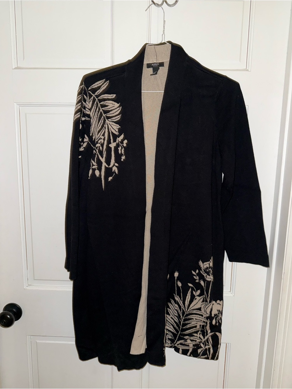 Alfani Black Cardigan with Beige Botanical Accent